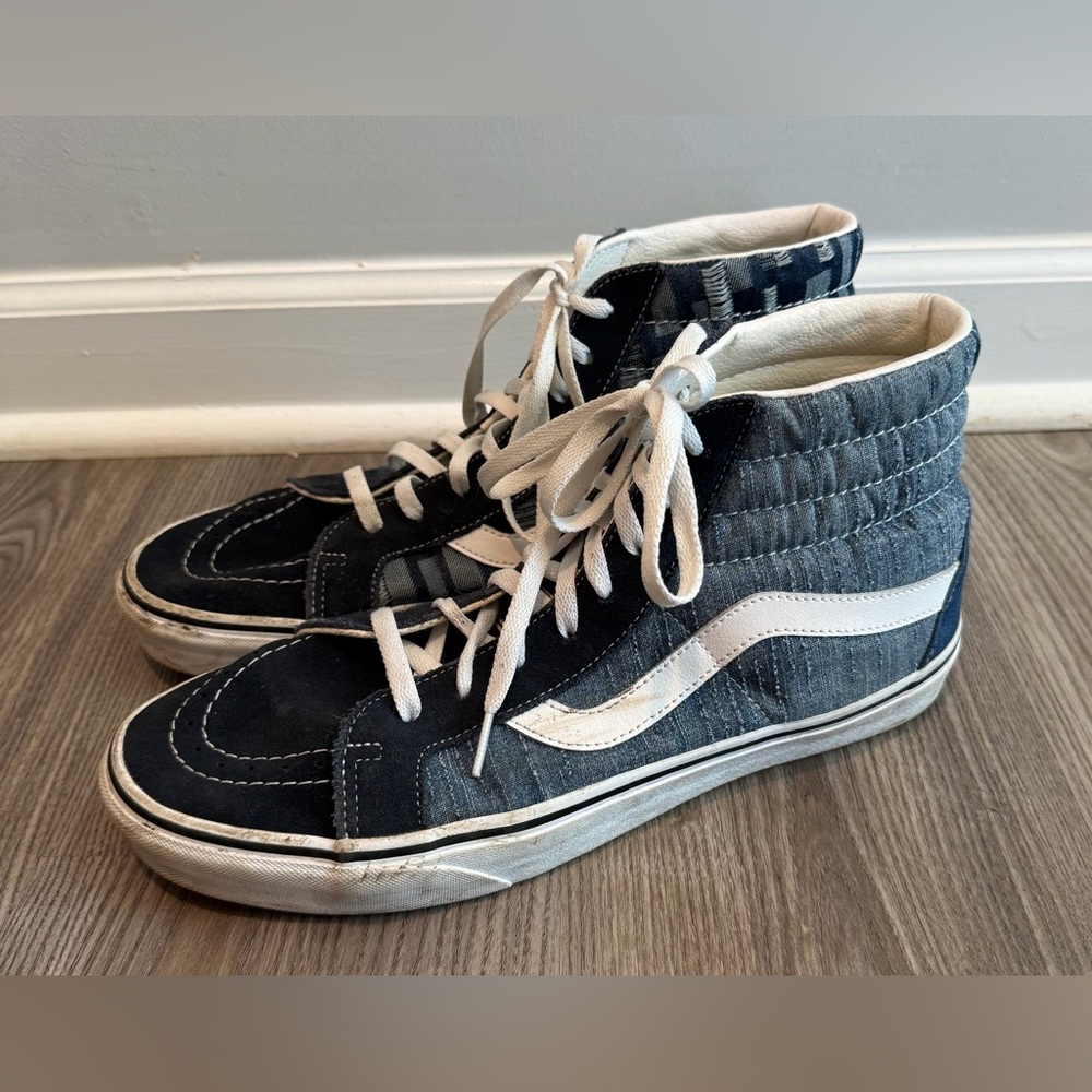 Vans SK8-Hi Tapered Sneaker Shoe High Top Blue Denim Embroidered Mens size 12